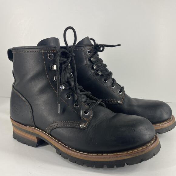 Skechers Boots Mens Size 10.5 Black Leather Work Lace Up Oil Resistant Lug Sole - Picture 1 of 16